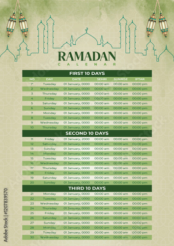 Ramadan Calendar Design Template. Islamic Calendar and Sehri Ifter time Schedule. Ramadan Kareem Flyer Design  