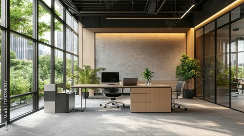 A stylish office interior featuring distinct work and lounge zones with a panoramic window. photo