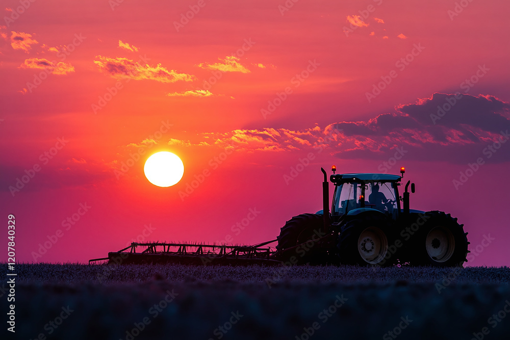 Fototapeta premium A farmer on tractor plowing a field at sunset. Agricultural article banner or agricultural marketing campaigns concept background with copy space