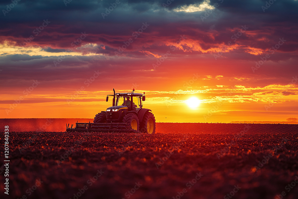 Obraz premium A farmer on tractor plowing a field at sunset. Agricultural article banner or agricultural marketing campaigns concept background with copy space