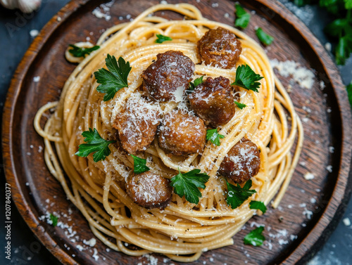 Delicious linguine pasta topped with crispy meatballs and fresh herbs photo