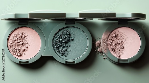 Colorful eyeshadow palette displayed on a light surface with natural lighting...