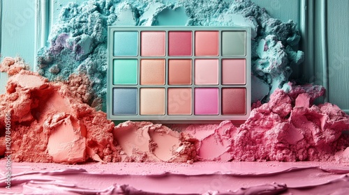 Colorful eyeshadow palette displayed on a light surface with natural lighting...