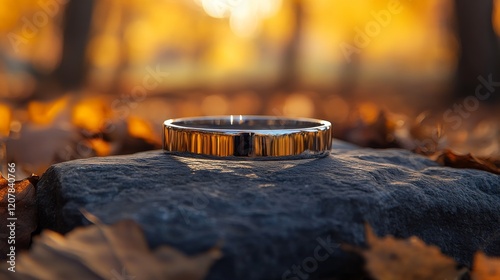 Elegant metal bracelet resting on textured stone surface with plant backdrop ...