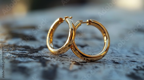 Elegant gold hoop earrings resting on a textured surface in soft natural light