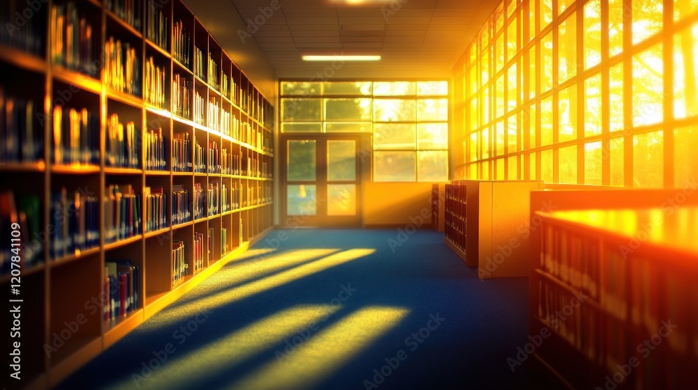A sunlit library interior with shelves of books and warm lighting. A sunlit library interior with shelves of books and warm lighting.