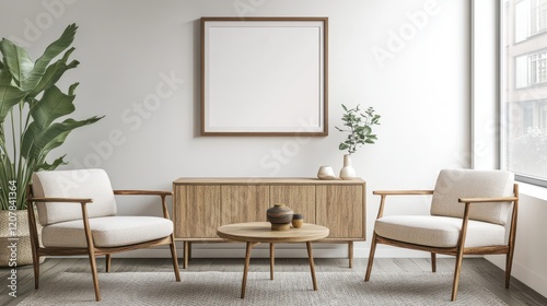 Wallpaper Mural A stylish relax room interior featuring comfortable armchairs and a sideboard, with a mockup frame on the wall. Torontodigital.ca