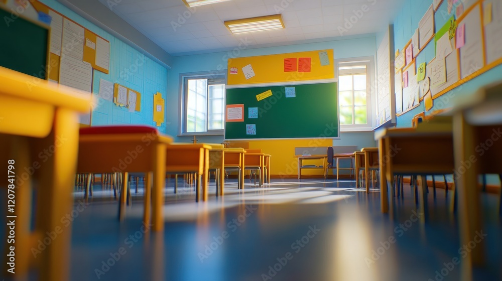 A classroom setting with empty desks, a chalkboard, and colorful walls, ready for learning. A classroom setting with empty desks, a chalkboard, and colorful walls, ready for learning.