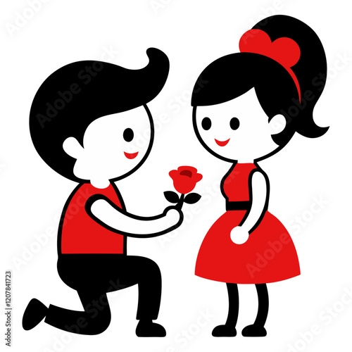 A girl proposing to a boy cartoon character on a white background.