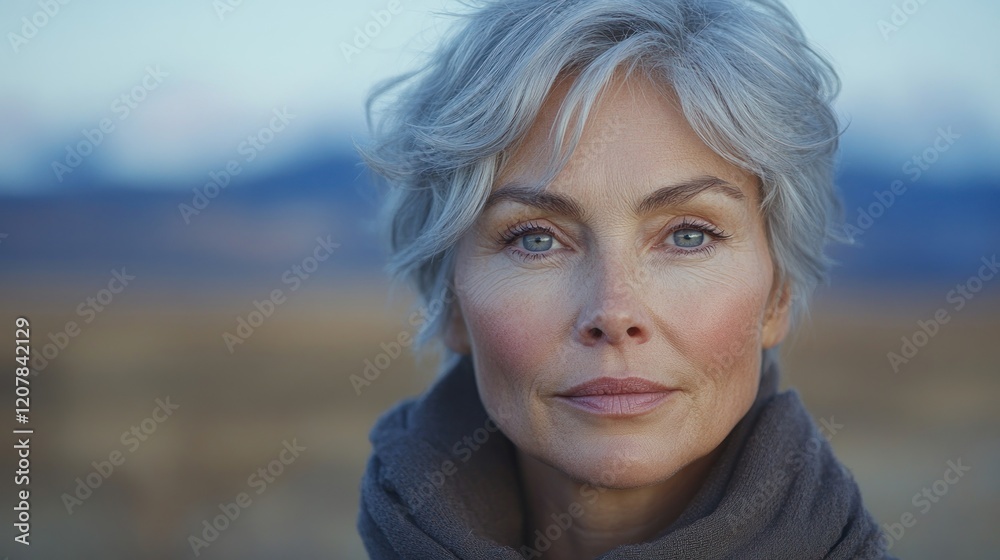 Portrait of a Serene Woman with Short Silver Hair in a Natural Landscape at Dusk Portrait of a Serene Woman with Short Silver Hair in a Natural Landscape at Dusk
