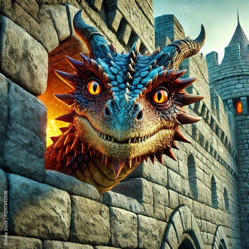 A friendly dragon poking its head through castle walls with shim photo