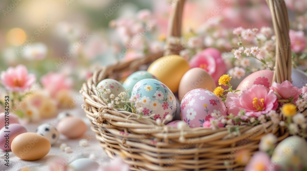 a wicker basket filled with various Easter eggs decorated in pastel colors, placed on a table surrounded by flowers and additional eggs. a wicker basket filled with various Easter eggs decorated in pastel colors, placed on a table surrounded by flowers and additional eggs.