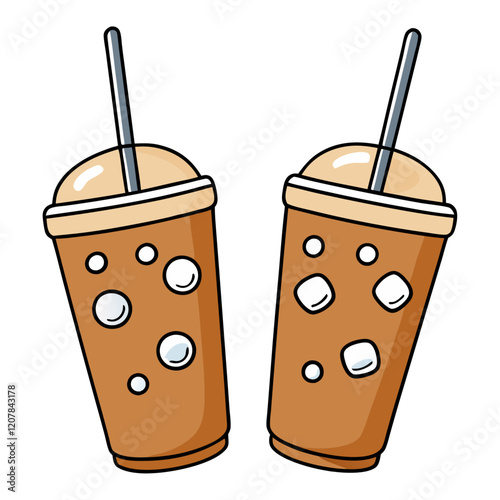 refreshing iced latte coffee drinks with ice cubes and straws on white background.