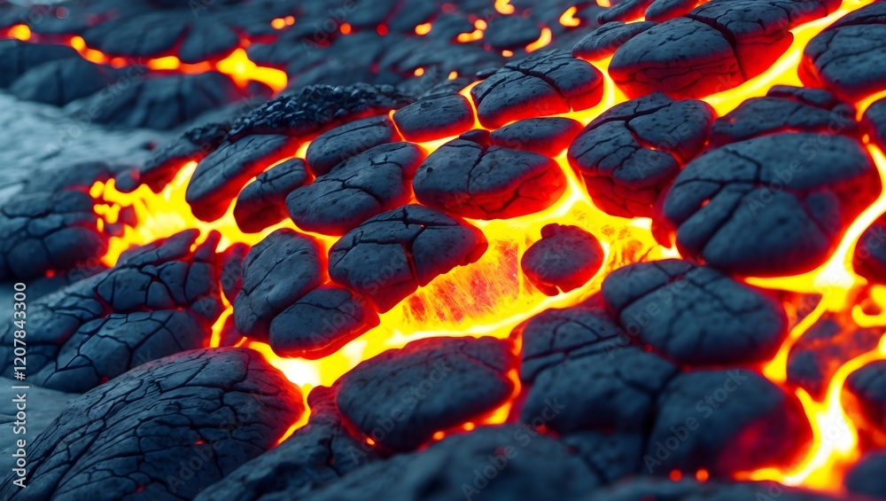Close-up view of Flowing Magma, Molten magma and fiery lava from a volcano eruption