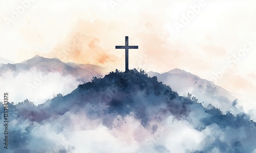 Cross on top of mountain with fog. Watercolor painting illustration