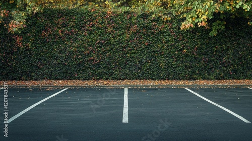 Empty parking lot with green hedge backdrop.