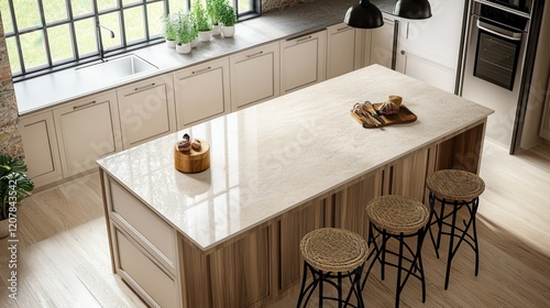 A top view of a light kitchen interior featuring a bar countertop with seating near a window, showcasing a clean, airy, and contemporary design ideal for both cooking and casual dining. photo