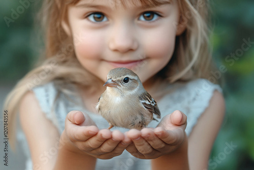 A young girl is holding a small bird in her hands. Girl safeguards a tiny bird in her palms. Animal protection concept 
