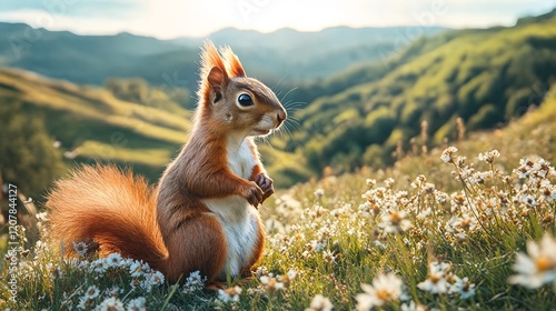 A squirrel stands among wildflowers and grass on a hillside. photo