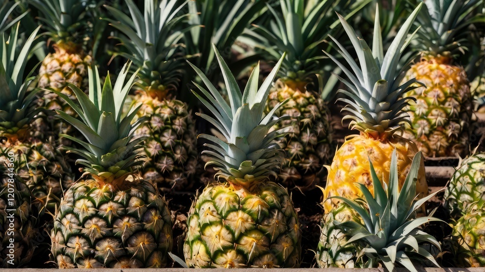 Ripe pineapples growing in field. Ripe pineapples growing in field.