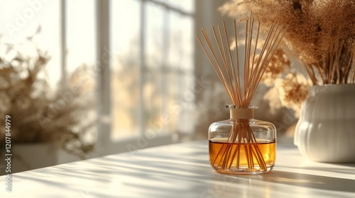 Decorative vases with dried flowers and aromatic diffuser in a sunlit room