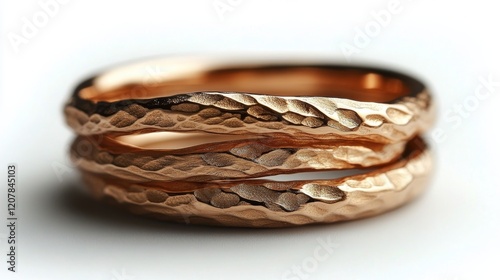 Beautiful handmade hammered rose gold rings on rustic wooden background
