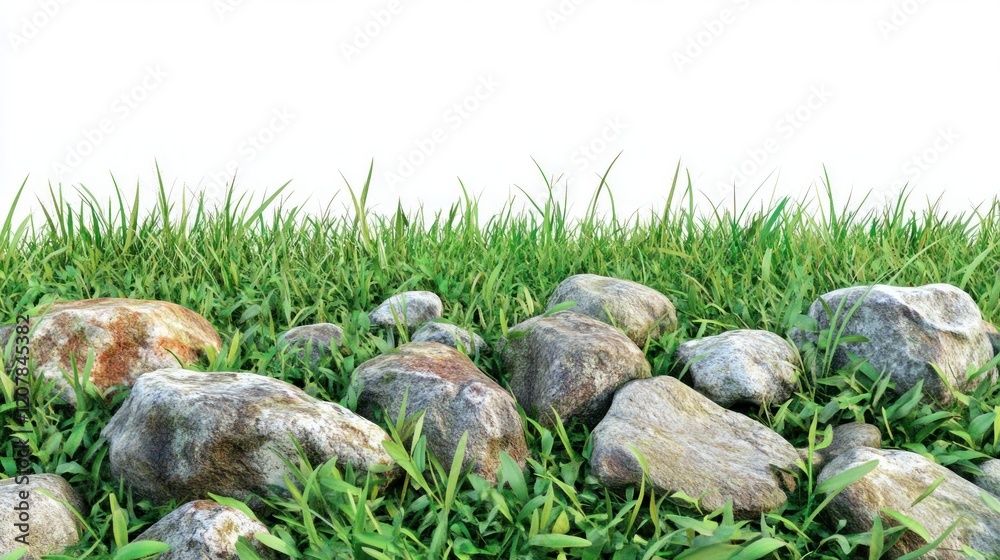 Rocks amidst vibrant green grass, isolated on white; nature backdrop Rocks amidst vibrant green grass, isolated on white; nature backdrop