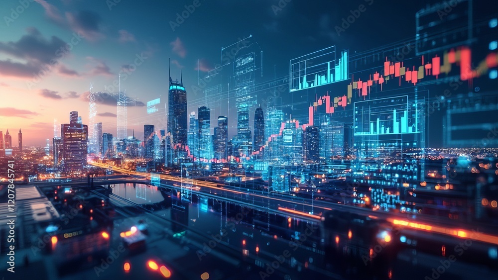 Naklejka premium A futuristic skyline with digital graphs and financial icons projected into the air