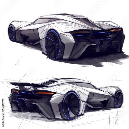Futuristic sports car design sketches, rear view.