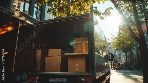 A truck loaded with furniture and boxes, representing a relocation and moving process. photo