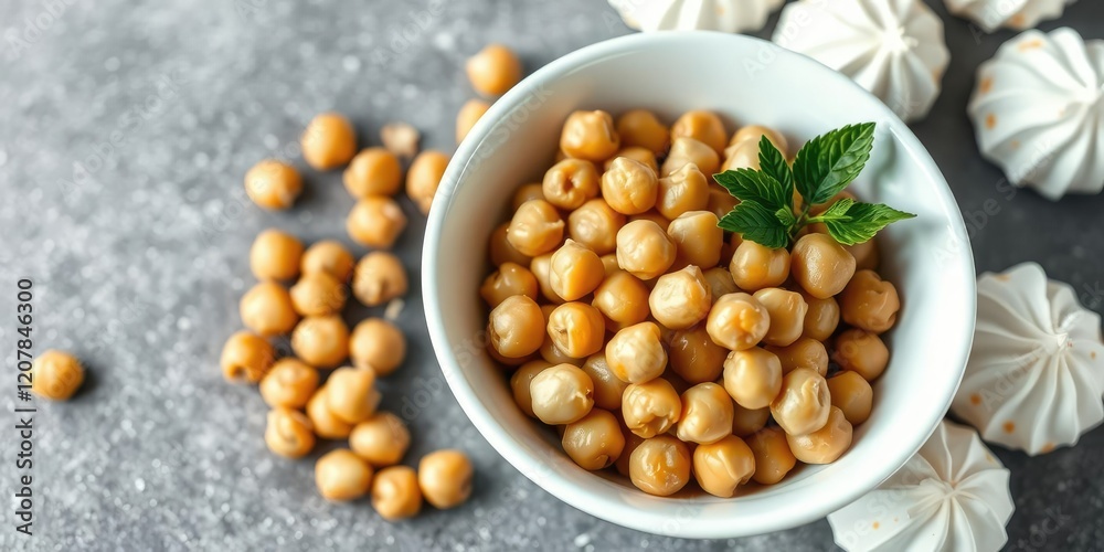 Boiled chickpeas in a delicate white bowl surrounded by vegan meringue on the side, meringue topping, vegan recipe Boiled chickpeas in a delicate white bowl surrounded by vegan meringue on the side, meringue topping, vegan recipe