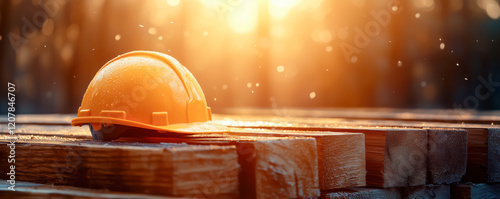 A bright yellow construction helmet placed on a stack of wood planks. Warehousing and safety on the workplace concept.
