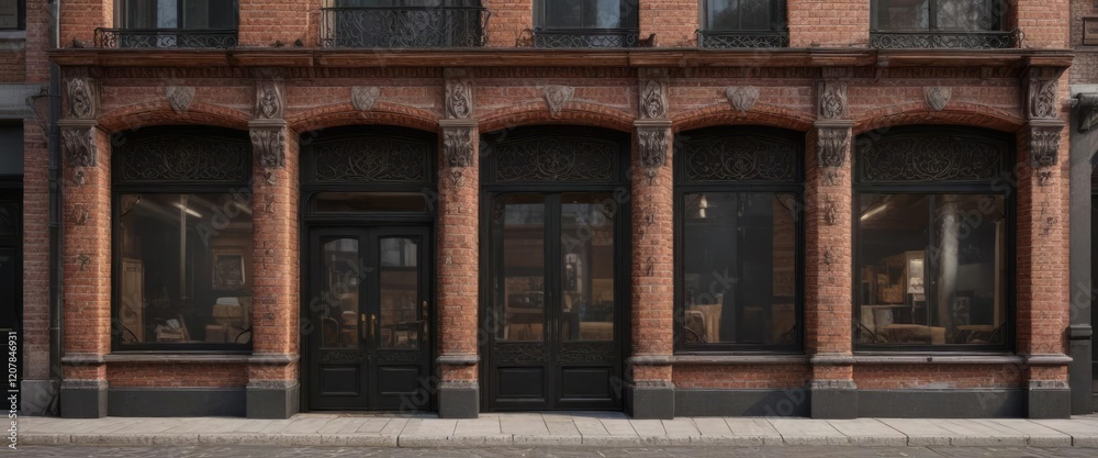 Fototapeta premium Brick and wood storefront with ornate details, old town, decorative trim