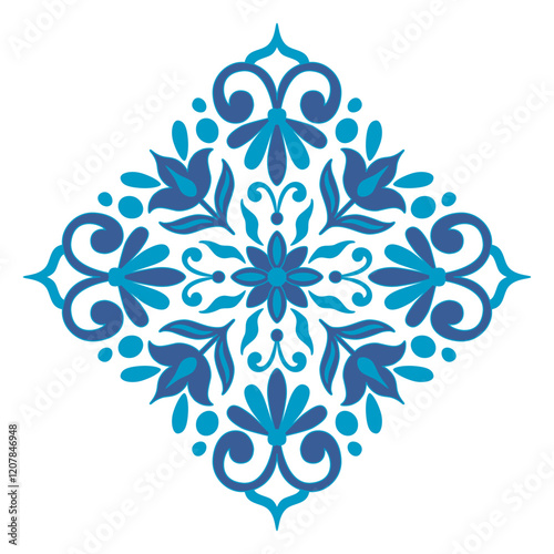 Symmetrical floral pattern blends azulejos, Gzhel, and Chinese porcelain styles. The diamond and mandala shapes and blue hues offer a vintage look for for home textiles.