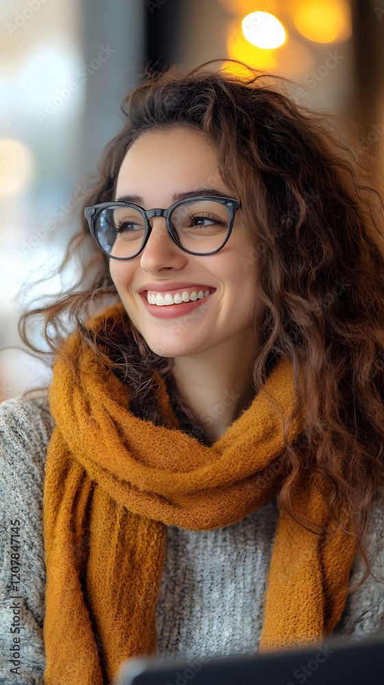 Smiling woman with curly hair and glasses, wrapped in a cozy orange scarf. Smiling woman with curly hair and glasses, wrapped in a cozy orange scarf.