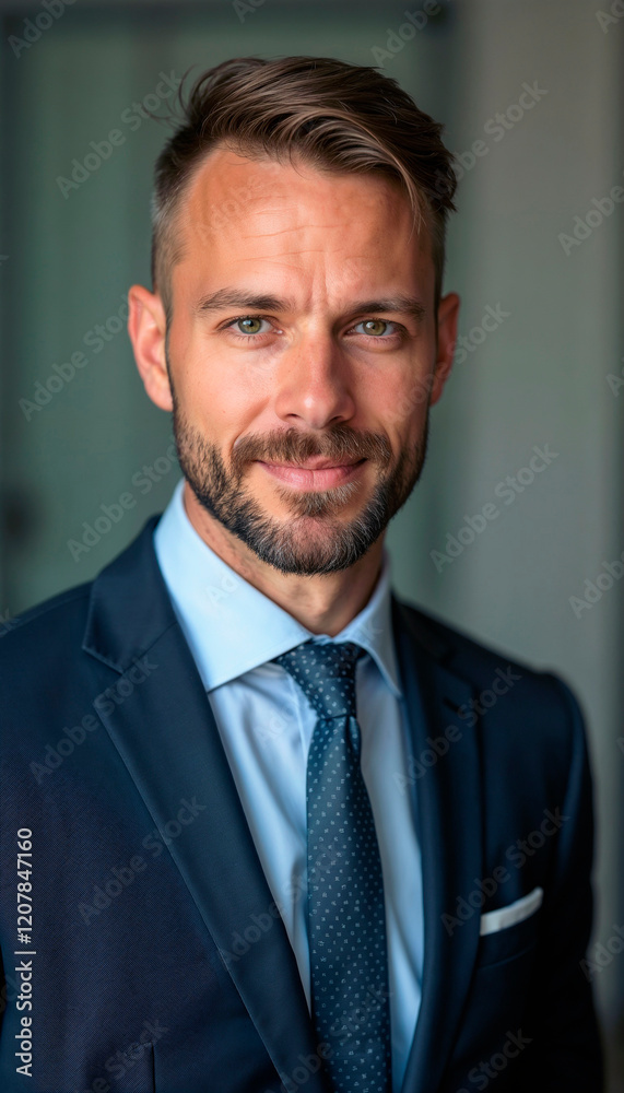 Close-up portrait of a confident man in a suit with a neat beard Close-up portrait of a confident man in a suit with a neat beard