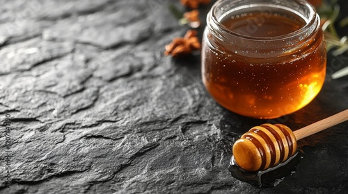 Honey jar and wooden dipper on a textured surface with natural elements in th...