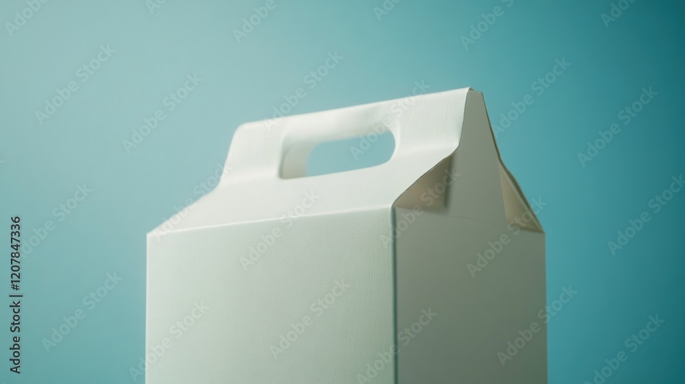 White cardboard takeout box with handle against teal background. White cardboard takeout box with handle against teal background.