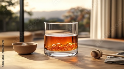 Honey jar and wooden dipper on a textured surface with natural elements in th...