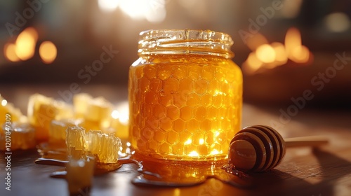 Honey jar and wooden dipper on a textured surface with natural elements in th...
