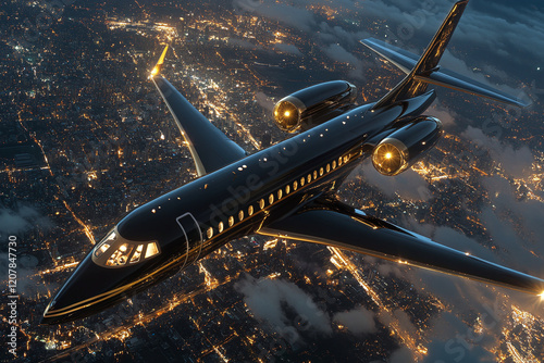 Luxurious black and gold jet flying in the sky, featuring opulent lifestyle of traveling for VIP`s, millionaires and billionaires.  photo