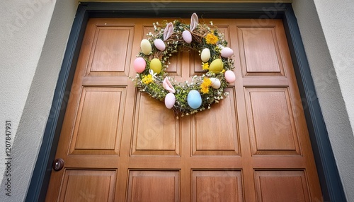 Colorful Easter wreath decorates a wooden door during springtime festivities photo