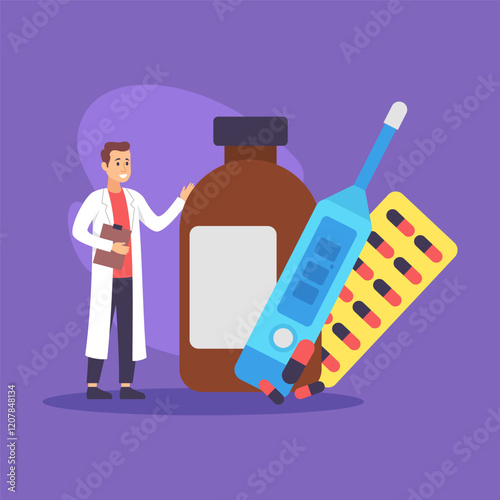 Doctor standing next to large medicine bottle, thermometer, and blister pack of pills. Healthcare environment focused on patient well-being