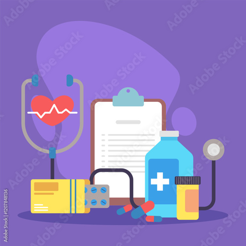 Various items for heart health arranged on vibrant purple background. Stethoscope, medical chart and containers of pills. Cardiology and cardiac care concept