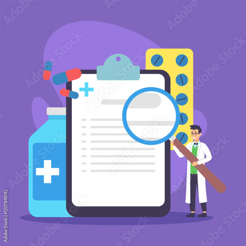 Cartoon doctor examining clipboard filled with medical data next to bottle of pills and capsules. Health and prescription concept