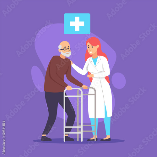 Healthcare professional assisting elderly man using walker. Doctor, wearing white coat, offering guidance and support, creating warm and caring environment