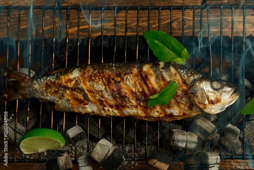 Grilled Fish   An image of a fish placed on a grill with smoke and coals.