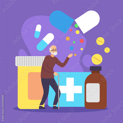 Elderly individual standing with cane, surrounded by various medicine bottles and colorful pills. Health and wellness, pharmacy concept