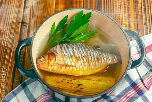 Warm fish soup crafted with fresh herbs for a cozy and nourishing meal experience