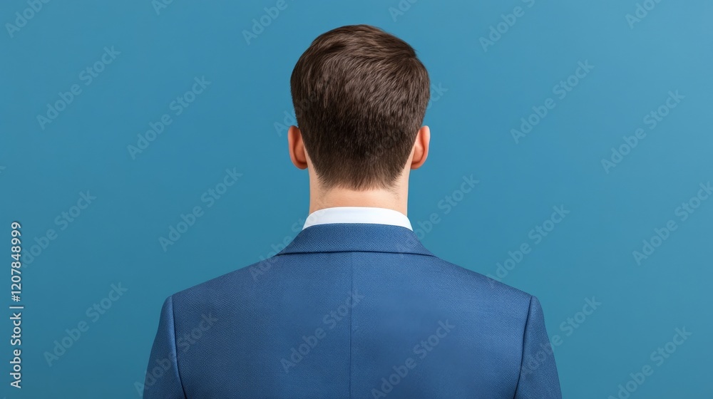 Blue Suit, Back View: The back of a man in a tailored blue suit, captured against a vibrant teal background. The image offers a sense of mystery and contemplation. Blue Suit, Back View: The back of a man in a tailored blue suit, captured against a vibrant teal background. The image offers a sense of mystery and contemplation.